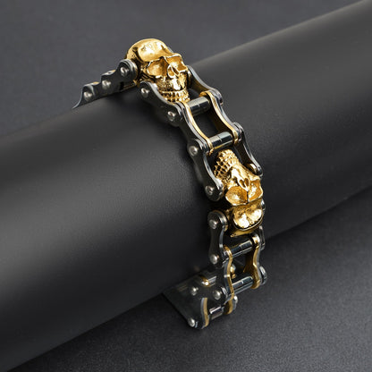 Black & Gold Stainless Steel Skull Bike Chain Bracelet