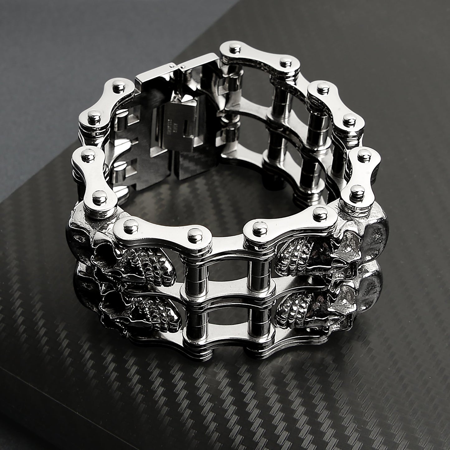 Stainless Steel Double Skull Bike Chain Bracelet