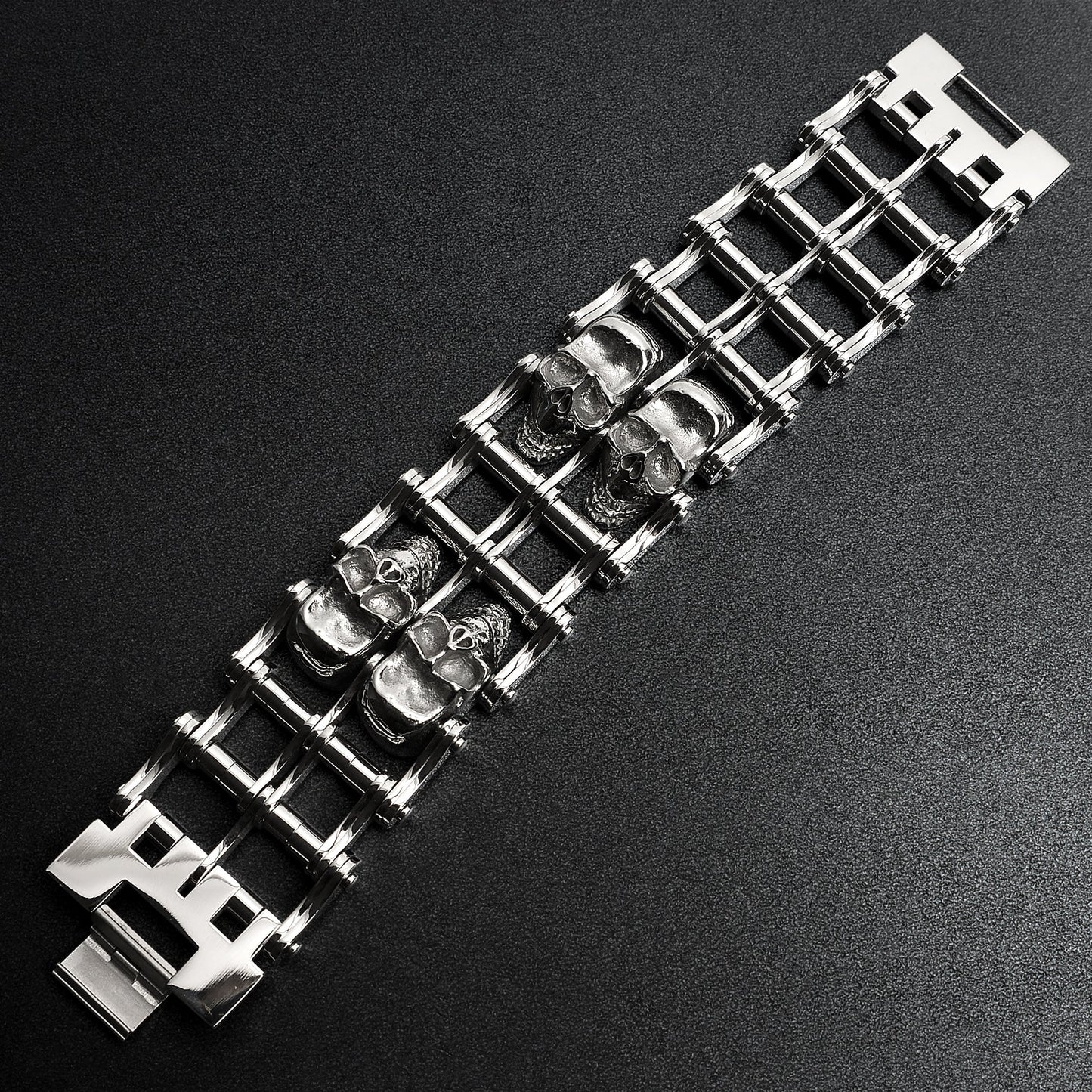 Stainless Steel Double Skull Bike Chain Bracelet