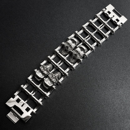 Stainless Steel Double Skull Bike Chain Bracelet