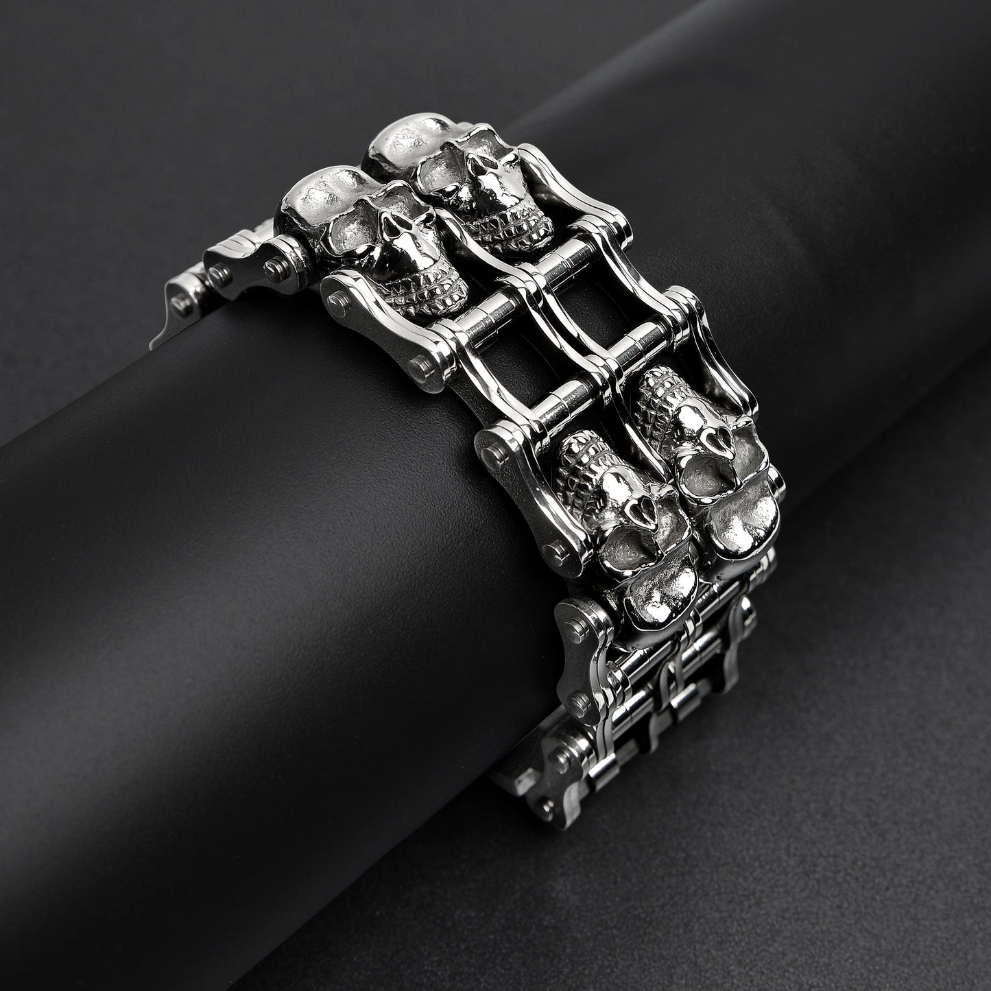 Stainless Steel Double Skull Bike Chain Bracelet