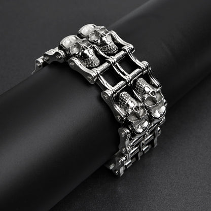 Stainless Steel Double Skull Bike Chain Bracelet