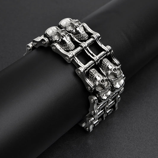 Stainless Steel Double Skull Bike Chain Bracelet