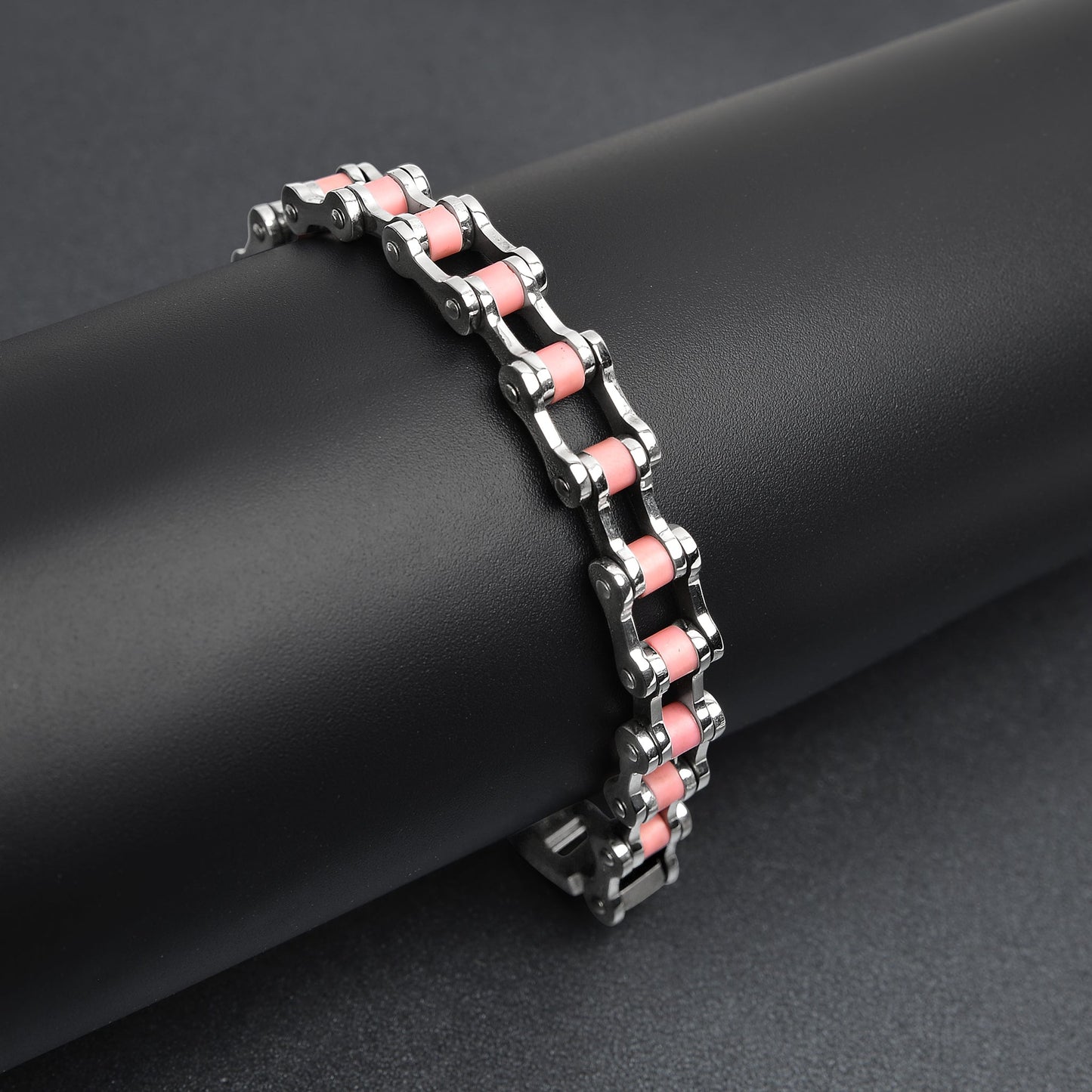 Stainless Steel And Pink Women's Bike Chain Bracelet
