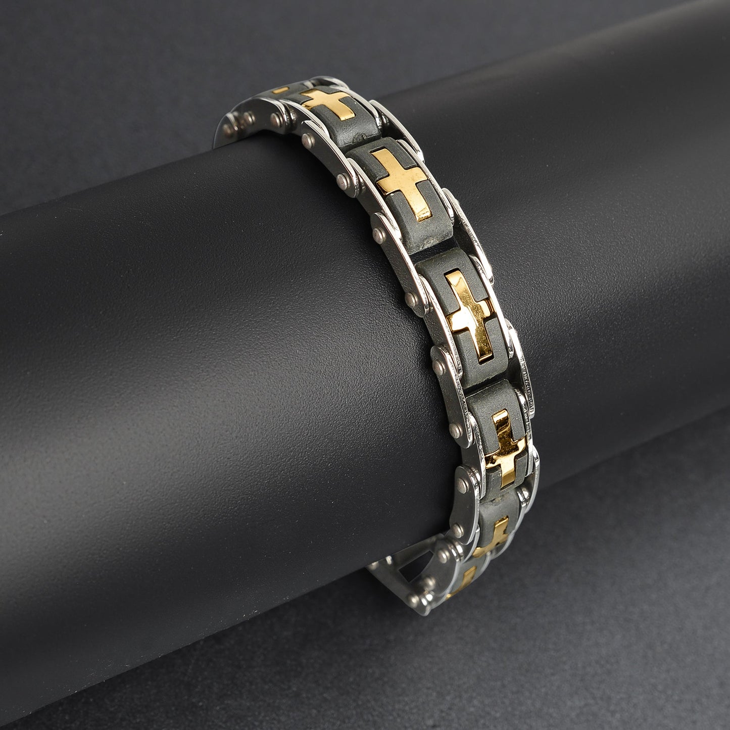 Stainless Steel And Gold Cross Bike Chain Bracelet