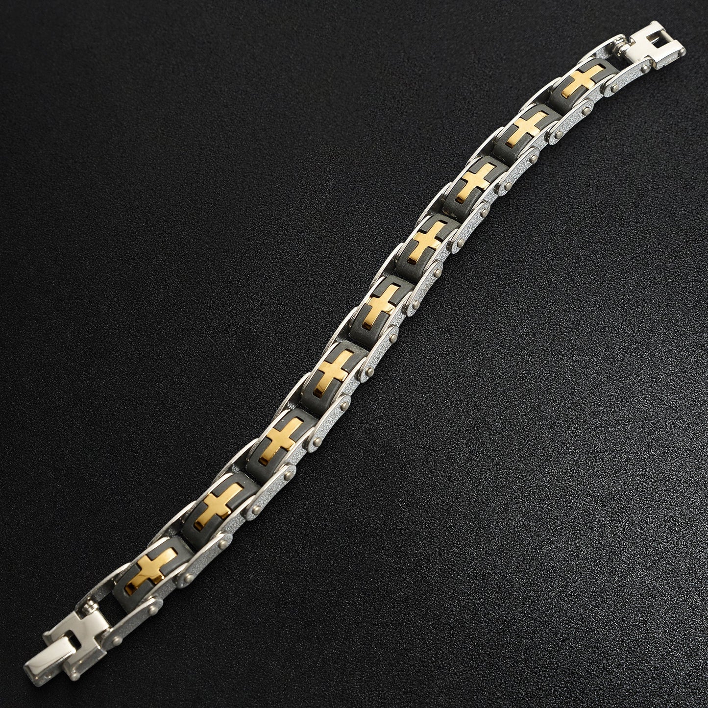 Stainless Steel And Gold Cross Bike Chain Bracelet