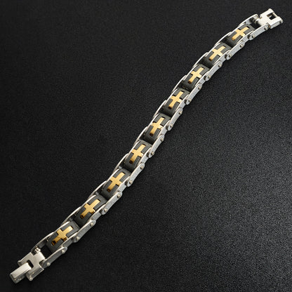Stainless Steel And Gold Cross Bike Chain Bracelet