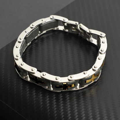 Stainless Steel And Gold Cross Bike Chain Bracelet