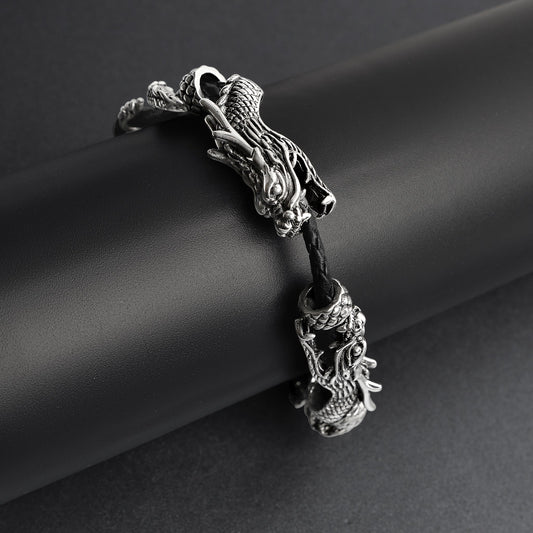 Adjustable Stainless Steel Braided Leather Dragon Bracelet