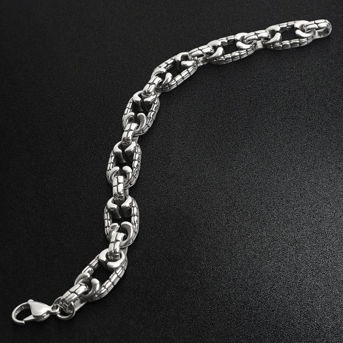 Stainless Steel Cobblestone Ring And Connector Chain Bracelet