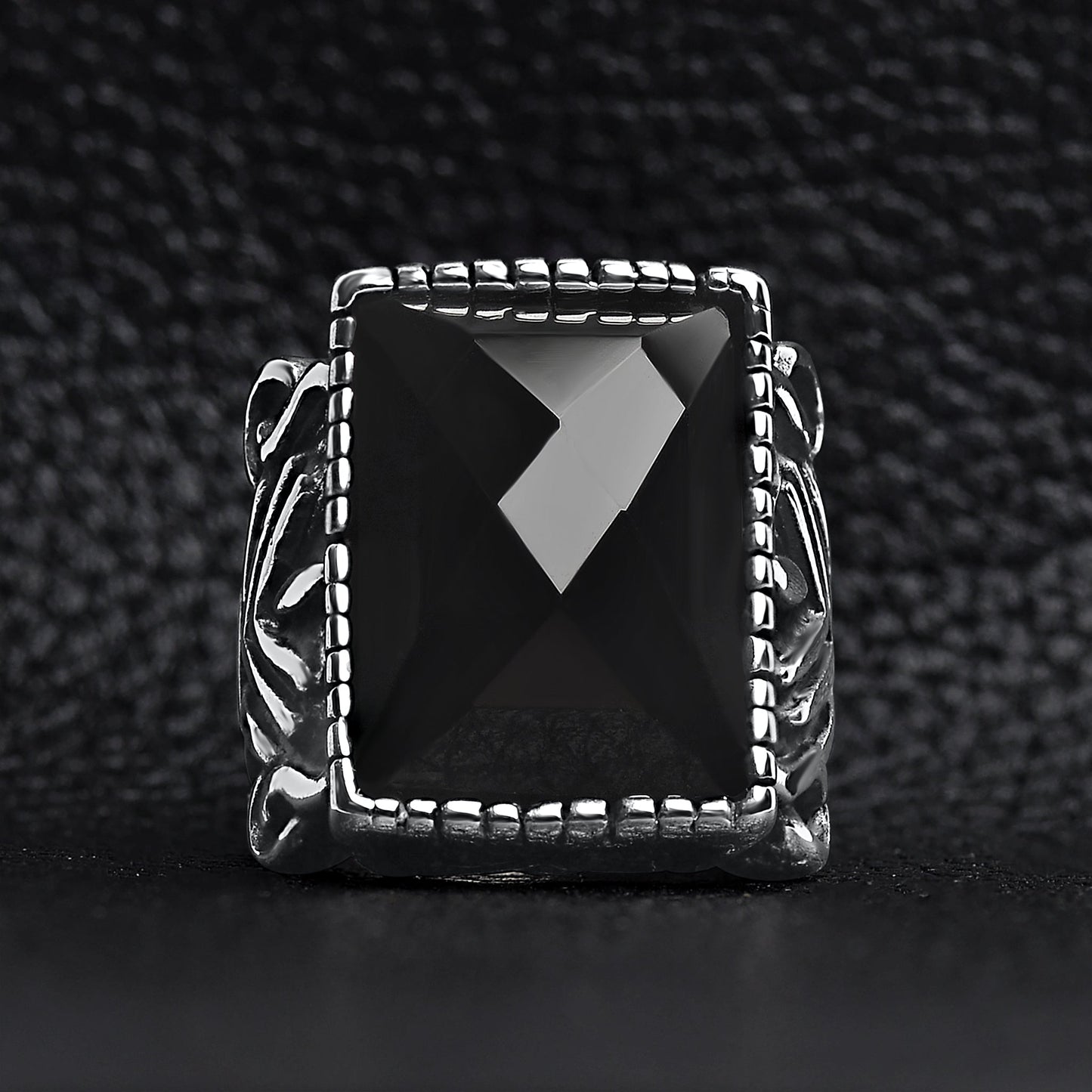 Detailed Center Black Stone Stainless Steel Ring