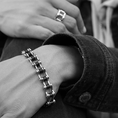 Stainless Steel And Black Bike Chain Bracelet