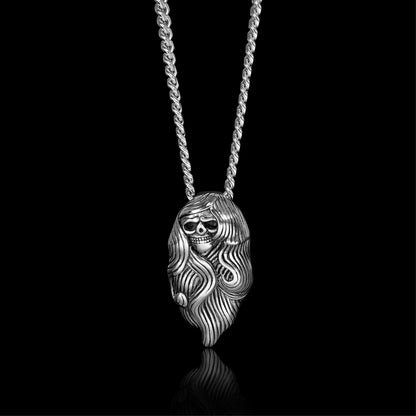 Stainless Steel Large Long Hair Skull Curb Chain Necklace