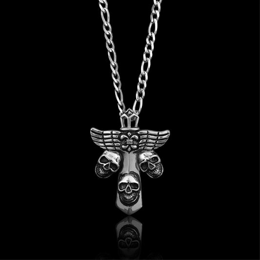 Stainless Steel Fleur De Lis Cross With Skulls Figaro Chain Necklace