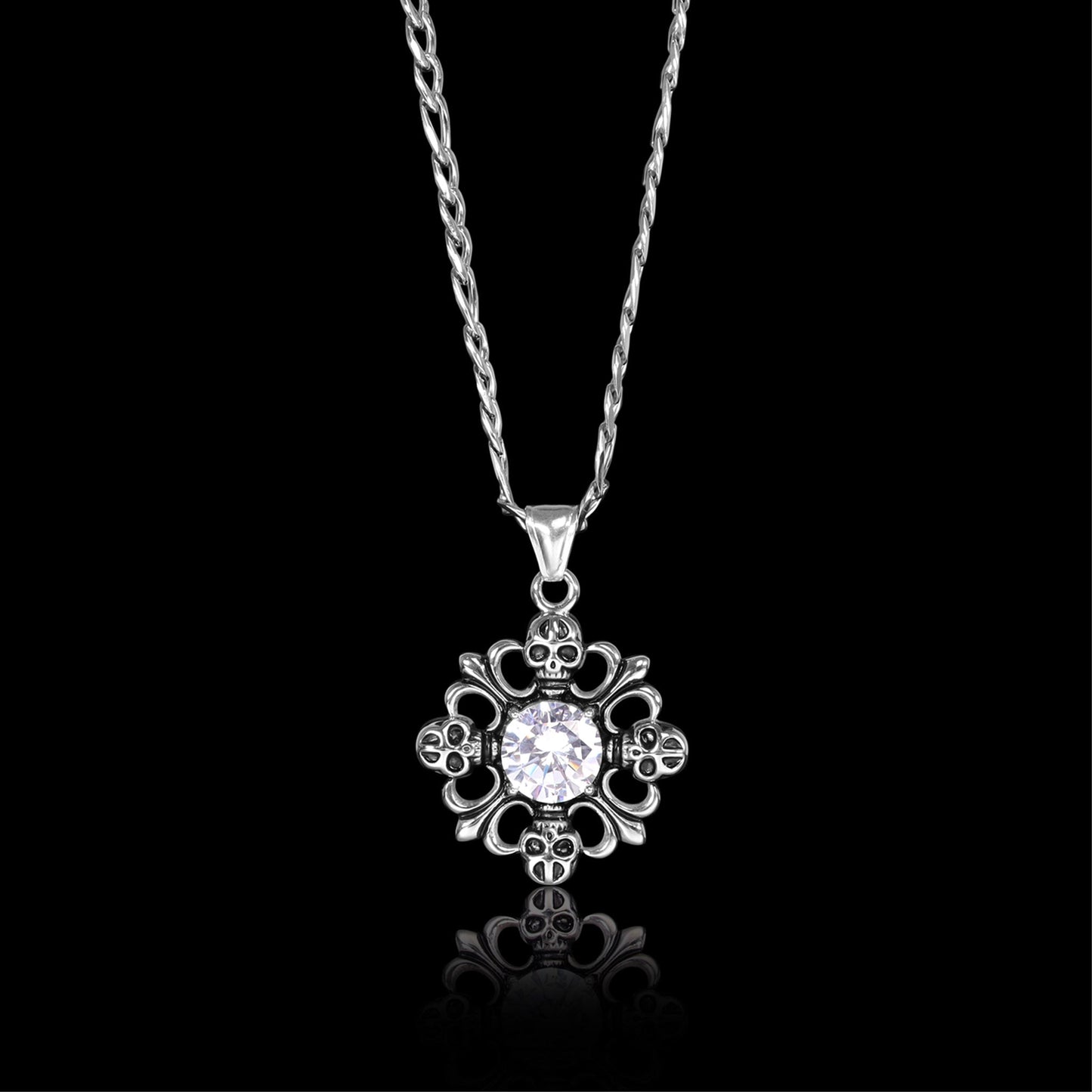 Stainless Steel Fleur De Lis & Skulls & CZ Figaro Chain Necklace