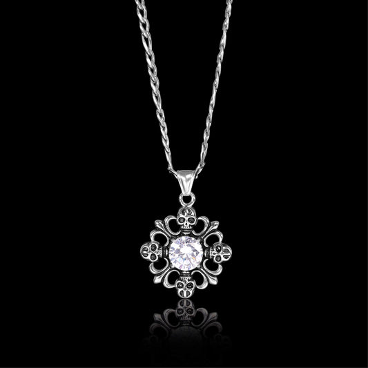 Stainless Steel Fleur De Lis & Skulls & CZ Figaro Chain Necklace