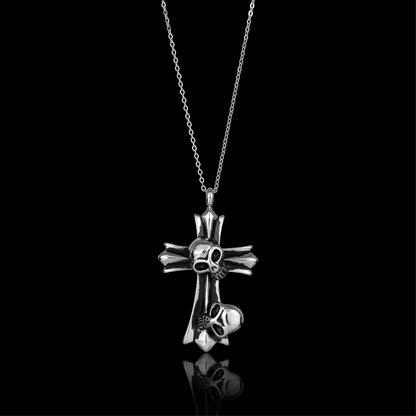 Stainless Steel Double Skull Cross Curb Chain Necklace