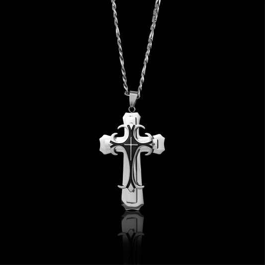Stainless Steel And Black Layered Cross Figaro Chain Necklace