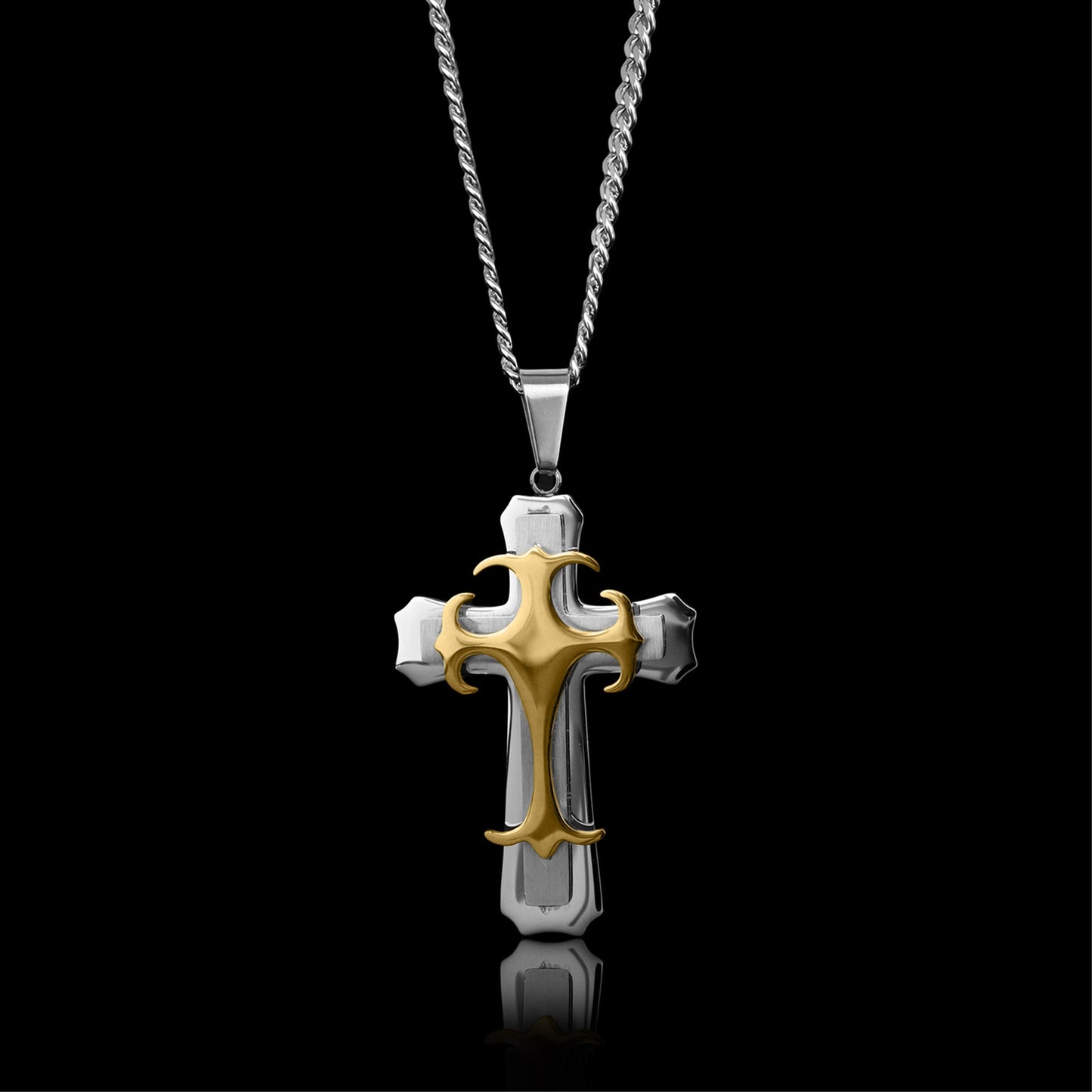 Stainless Steel & 18K Gold Plated 3 Layer Cross Curb Chain Necklace