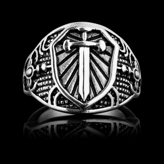 Stainless Steel Medieval Sword and Shield Signet Ring
