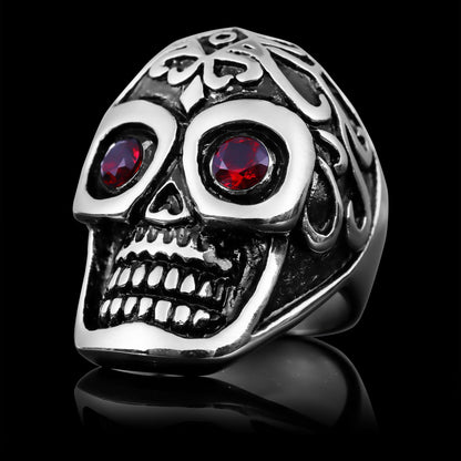 Detailed Skull With Red CZ Eyes Stainless Steel Polished Unisex Ring