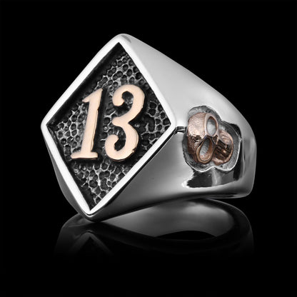 18K Gold PVD Coated Stainless Steel "13" and Skulls Signet Ring