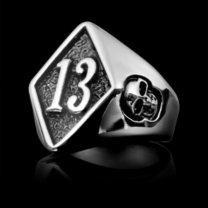 Stainless Steel "13" and Skulls Signet Unisex Ring