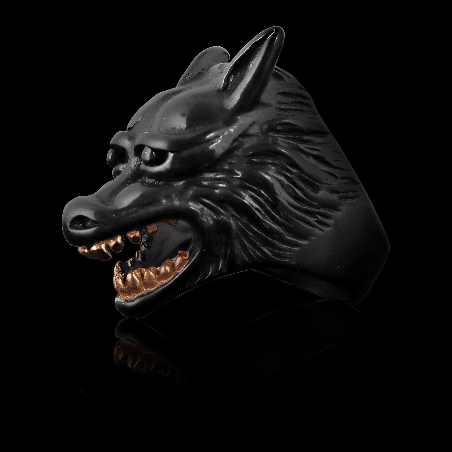 Black Stainless Steel Wolf With 18K Gold PVD Coated Teeth Ring