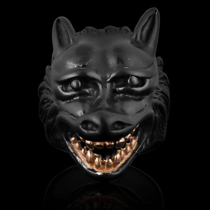 Black Stainless Steel Wolf With 18K Gold PVD Coated Teeth Ring