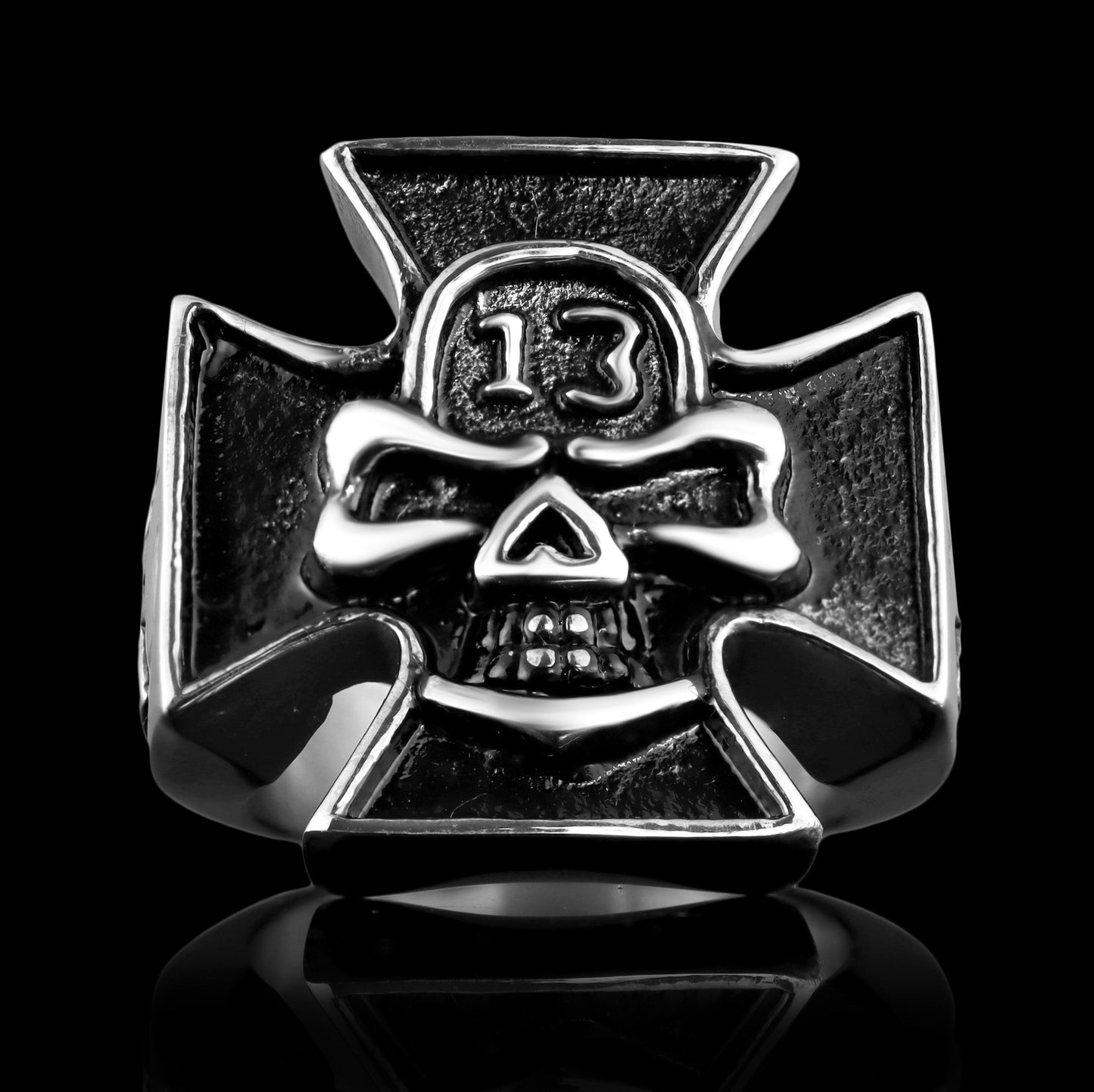 Stainless Steel "13" Skull Maltese Cross Signet Ring