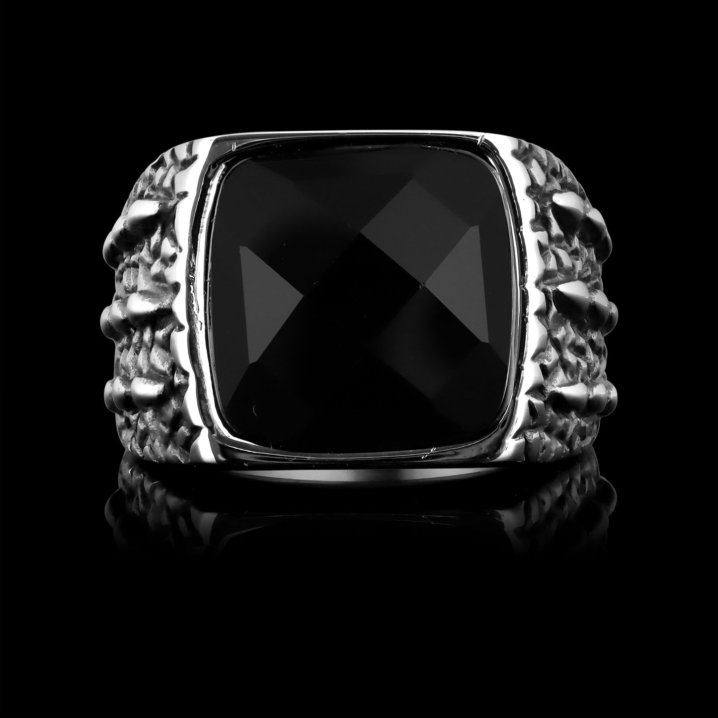Detailed Cubed Center Black Stone Stainless Steel Ring