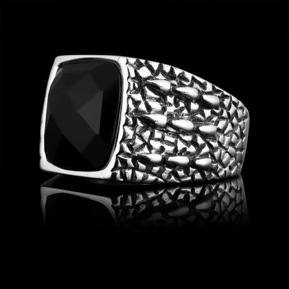 Detailed Cubed Center Black Stone Stainless Steel Ring