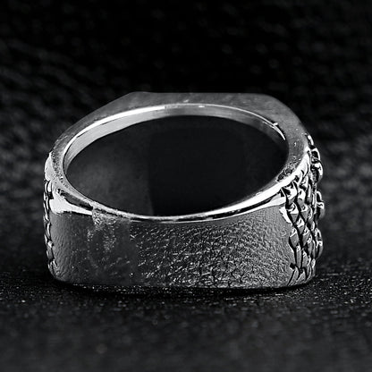 Detailed Cubed Center Black Stone Stainless Steel Ring
