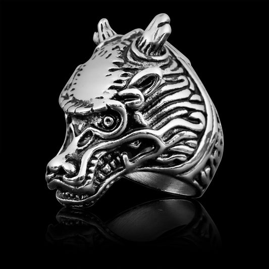 Stainless Steel Eastern Horned Dragon Head Ring