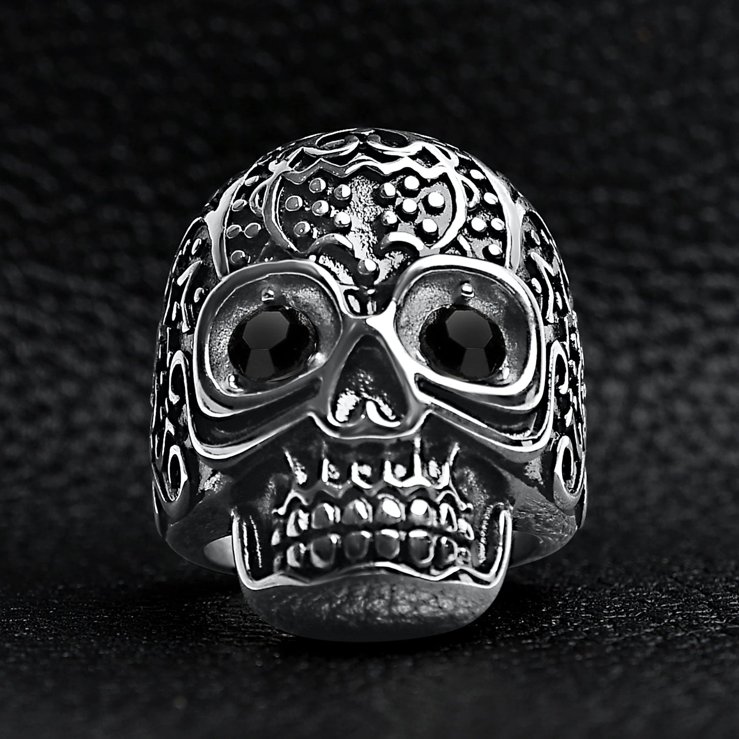 Black CZ Eyed Detailed Skull Stainless Steel Ring