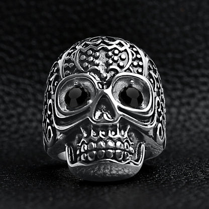 Black CZ Eyed Detailed Skull Stainless Steel Ring