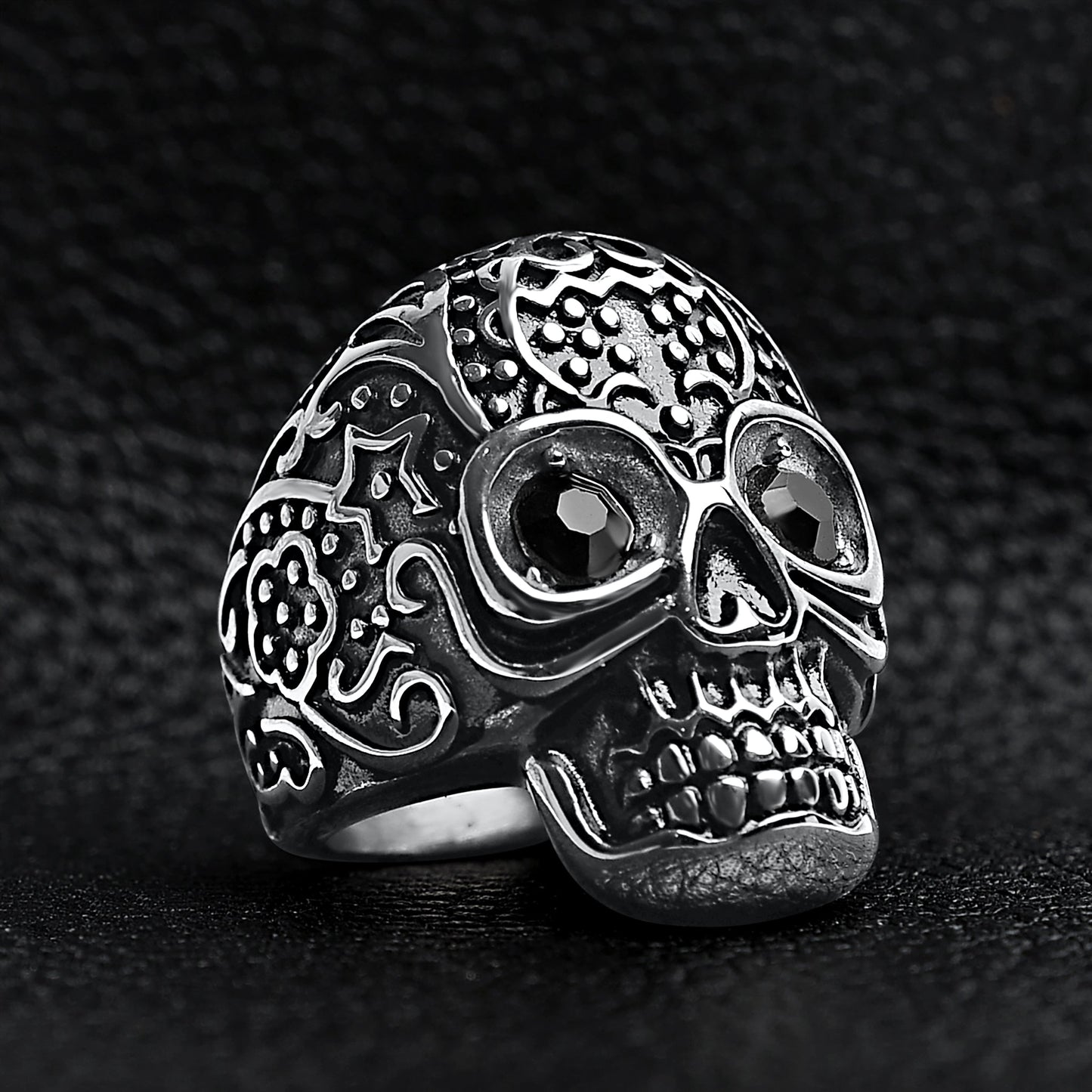 Black CZ Eyed Detailed Skull Stainless Steel Ring