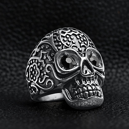 Black CZ Eyed Detailed Skull Stainless Steel Ring
