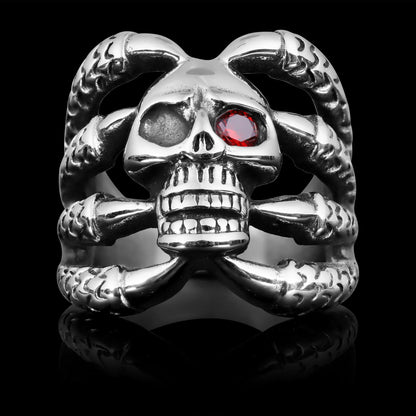 Stainless Steel Dragon Claws Holding Red CZ Eyed Skull Ring