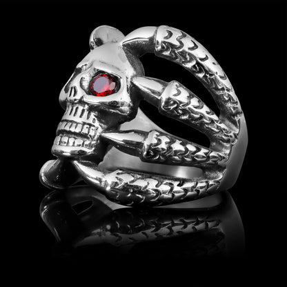 Stainless Steel Dragon Claws Holding Red CZ Eyed Skull Ring