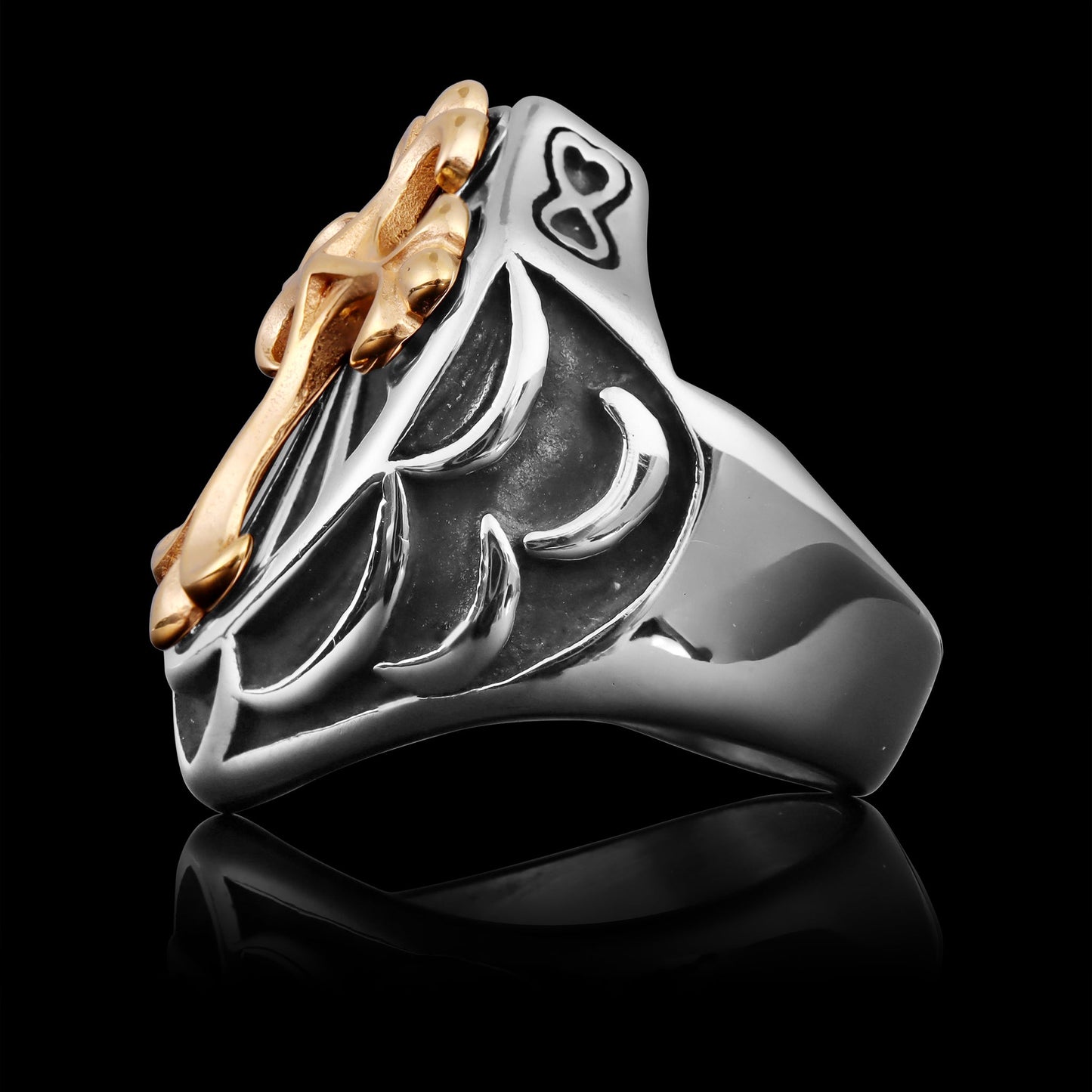 18K Gold Steel Cross On Shield Signet Ring