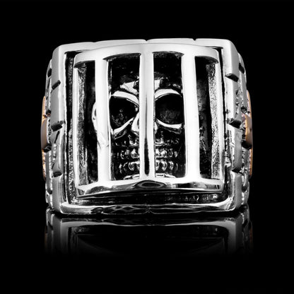 Stainless Steel Medieval Jailed Skull & 18K Gold Plated Cross Ring