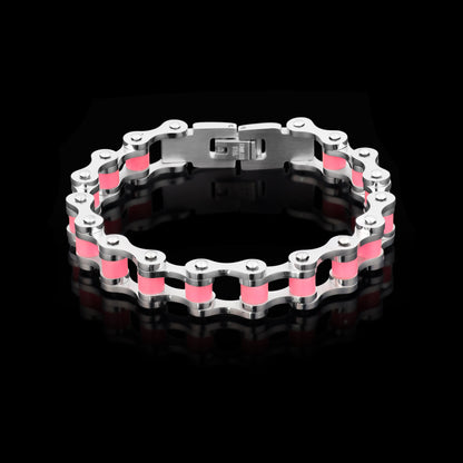 Stainless Steel And Pink Women's Bike Chain Bracelet