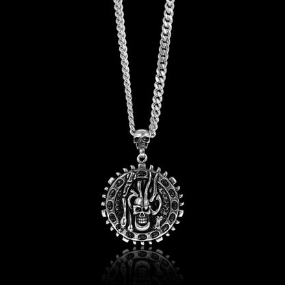 Stainless Steel Large Skull & Snakes Spike Shield Curb Chain Necklace
