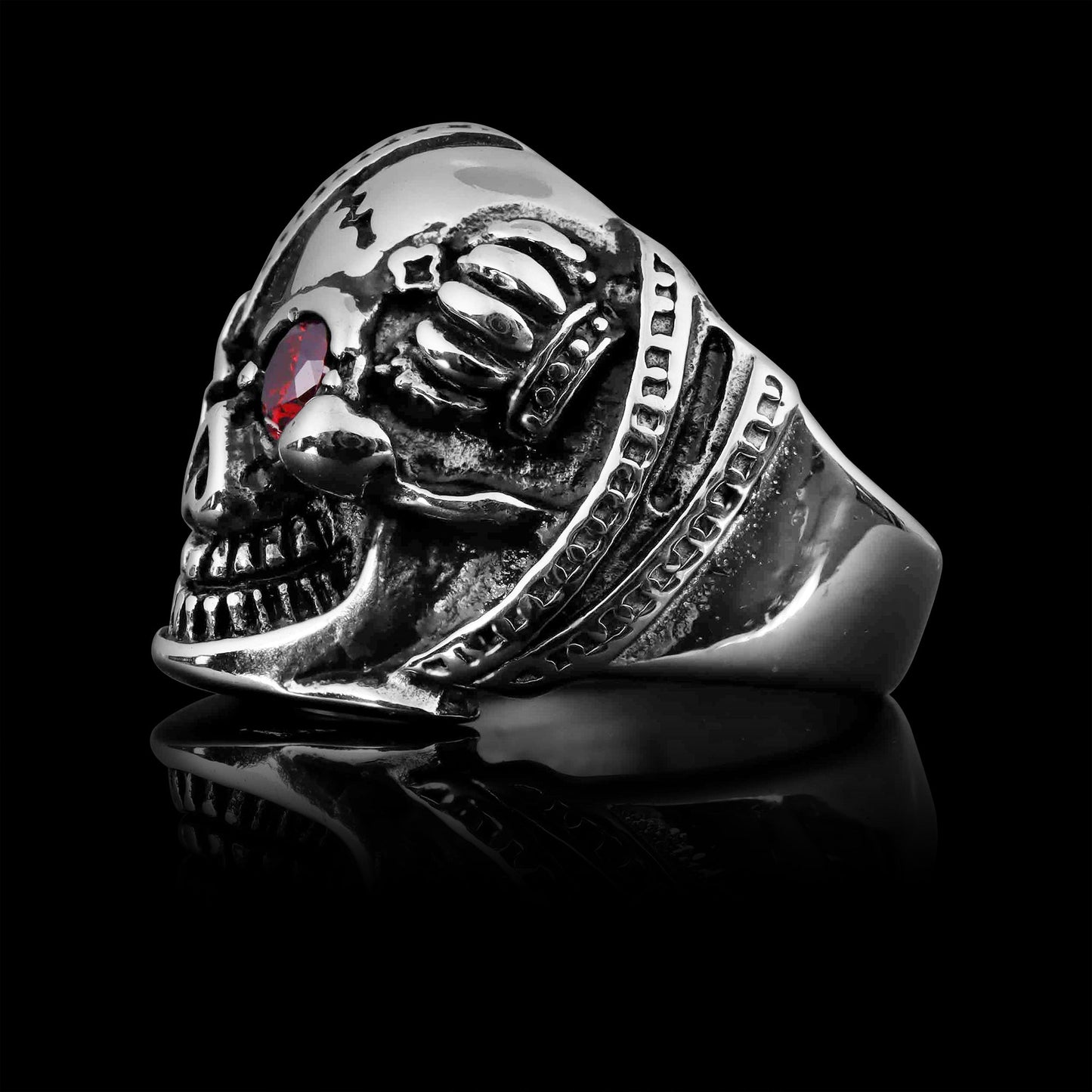Stainless Steel Skull With Red CZ Eye and Eyepatch Ring