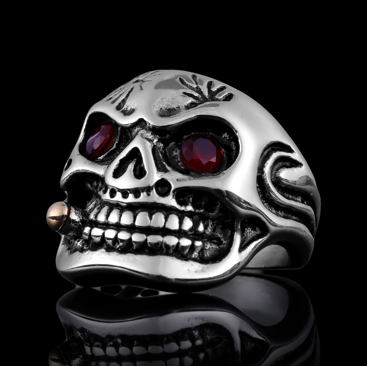 Stainless Steel Bullet Cigar Smoking Red CZ Eyed Skull Ring