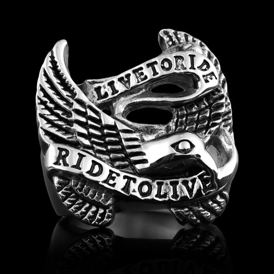Stainless Steel "Live To Ride" "Ride To Live" Eagle Biker Ring