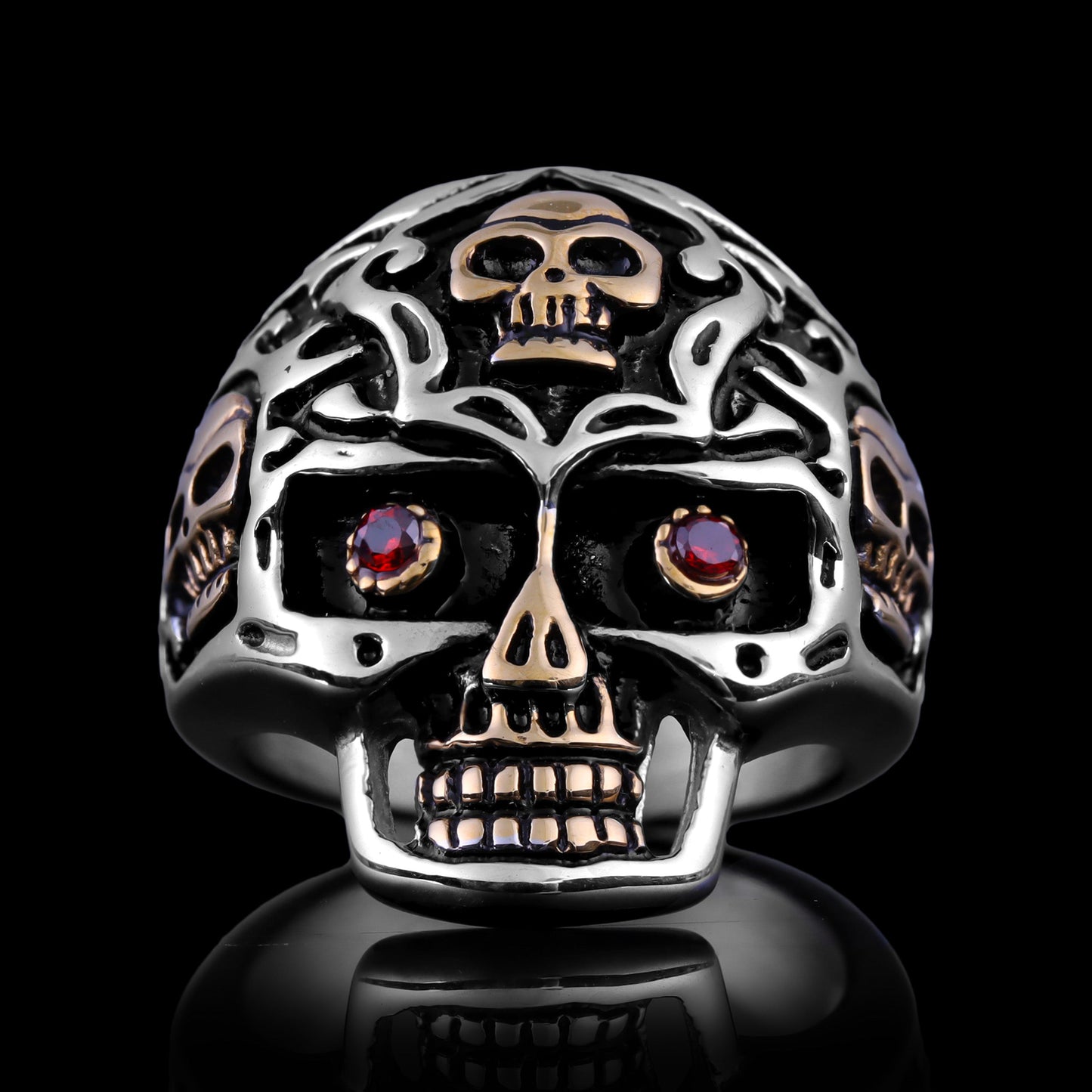 Stainless Steel 18K Gold Plated Red CZ Eyed Filigree Skull Ring