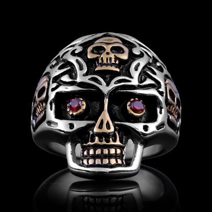 Stainless Steel 18K Gold Plated Red CZ Eyed Filigree Skull Ring