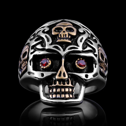Stainless Steel 18K Gold Plated Red CZ Eyed Filigree Skull Ring